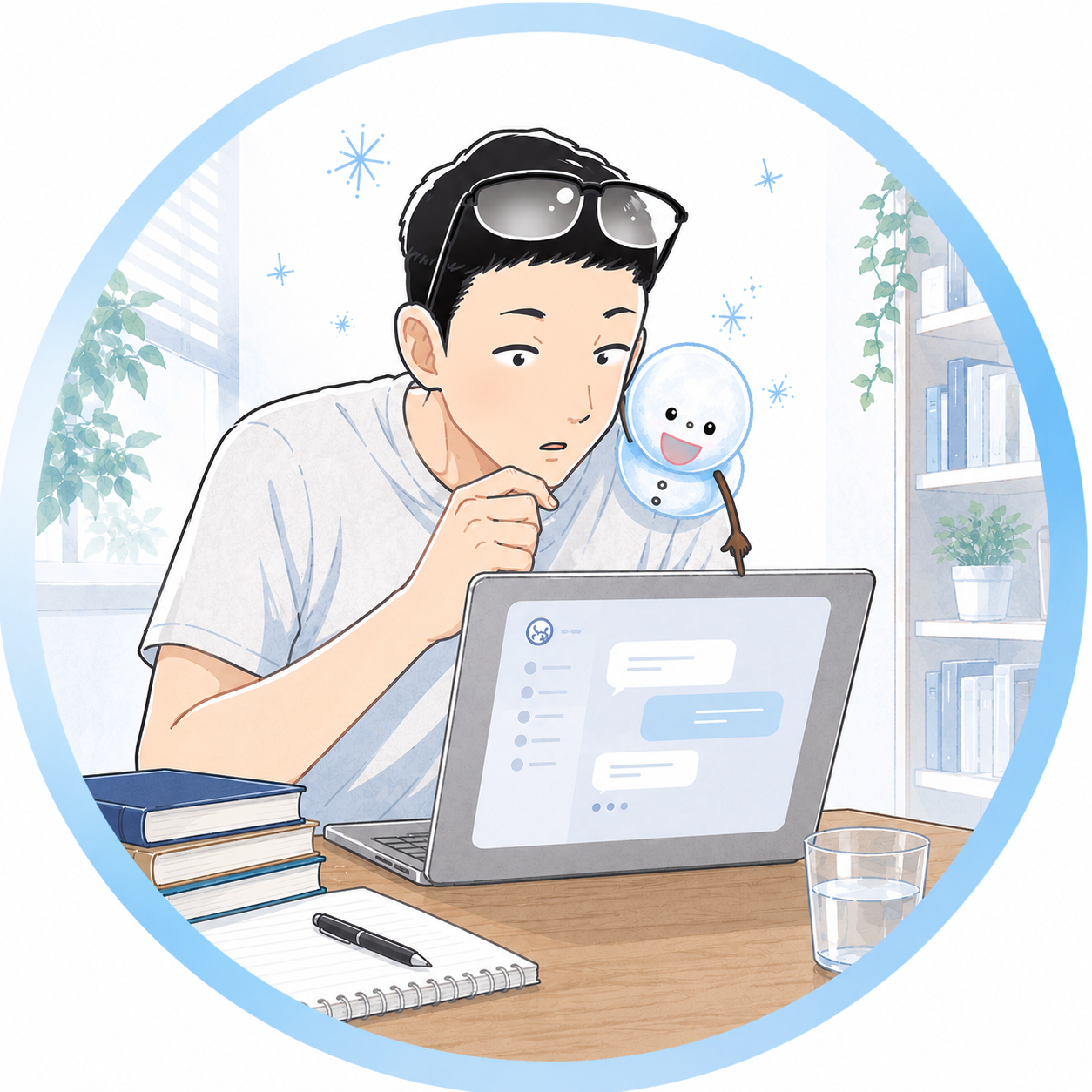 メンズスキンケアブログ MyCareLog のメインキャラクター シフトと相棒ちぇる がAIと一緒に学ぶシーン
