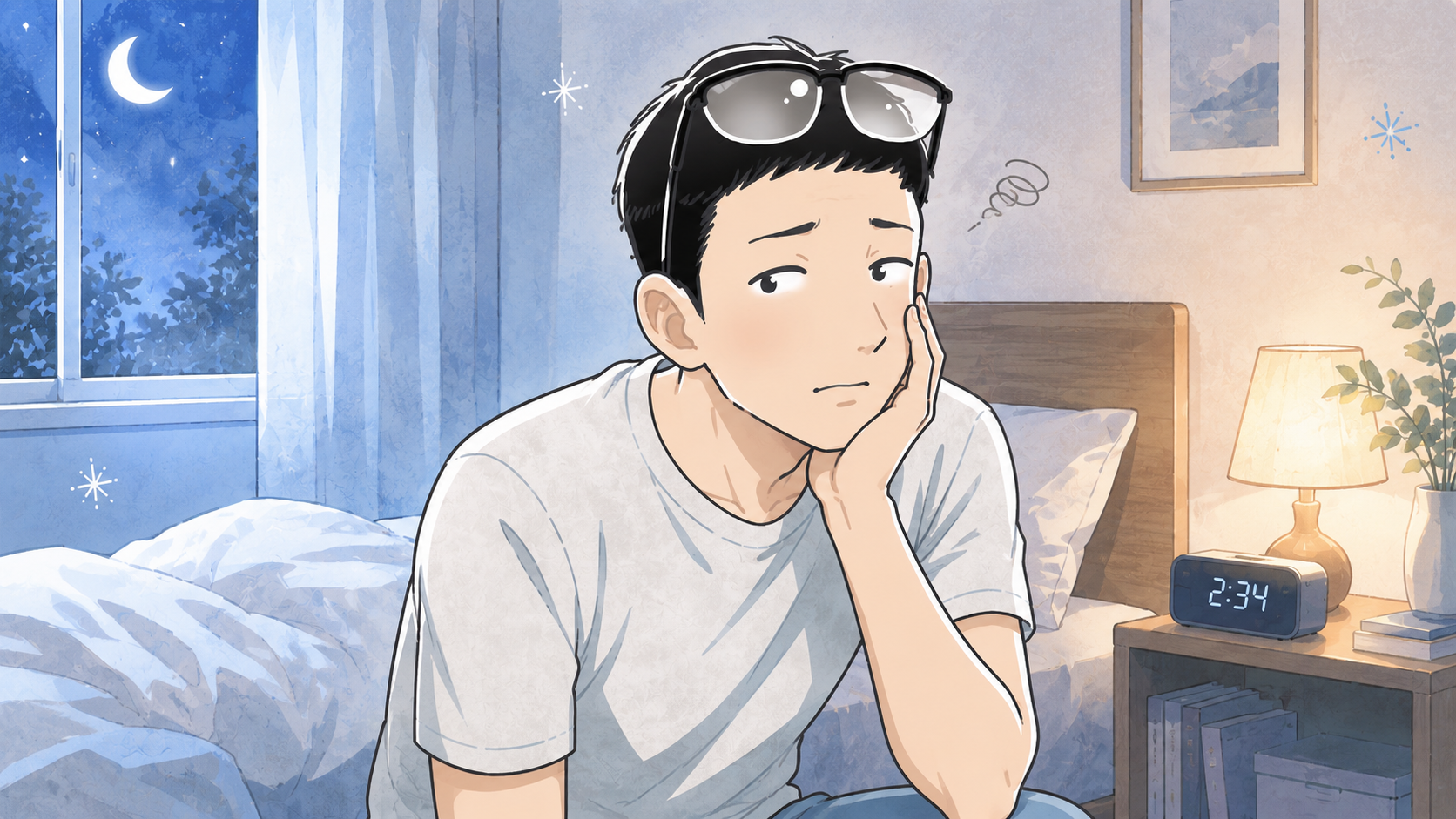夜のベッドサイドで睡眠負債と向き合うシフト（30代後半男性・頭上メガネ・グレーTシャツ）