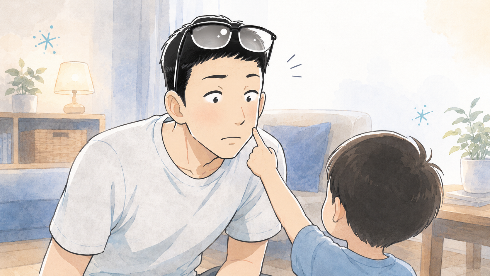 30代後半でスキンケアを始めた私が、子供から頬の小ジワを指摘されてショックを受けるシーン