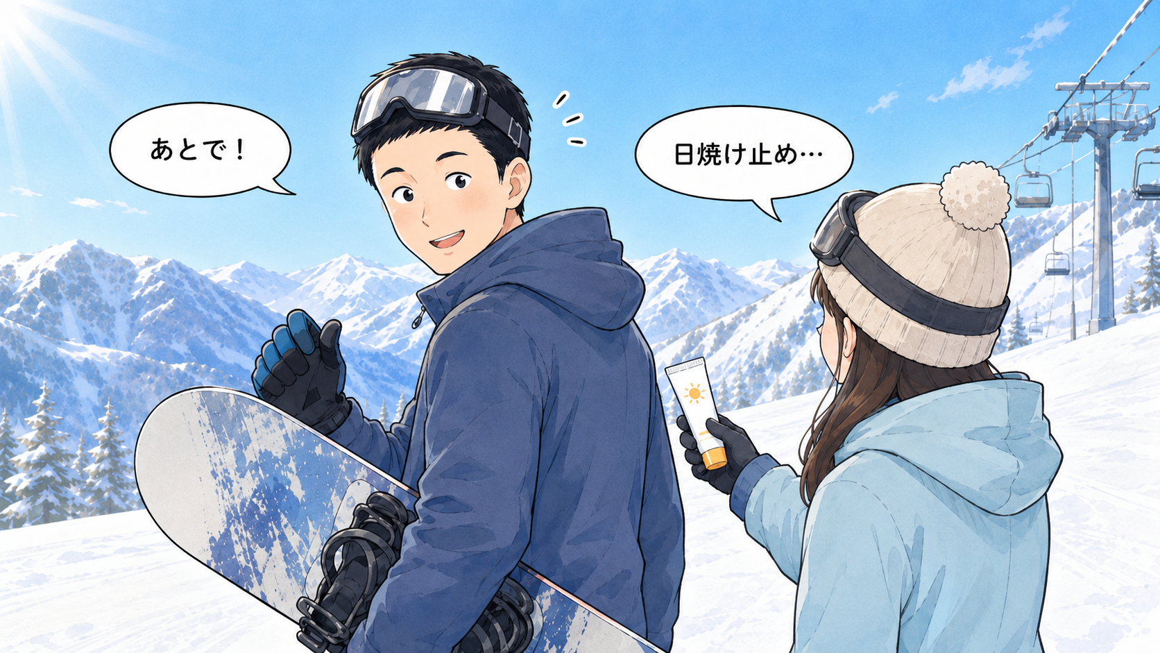 若い頃の私が、日焼け止めを塗ってと言う妻を置いてスノーボードに行こうとするシーン