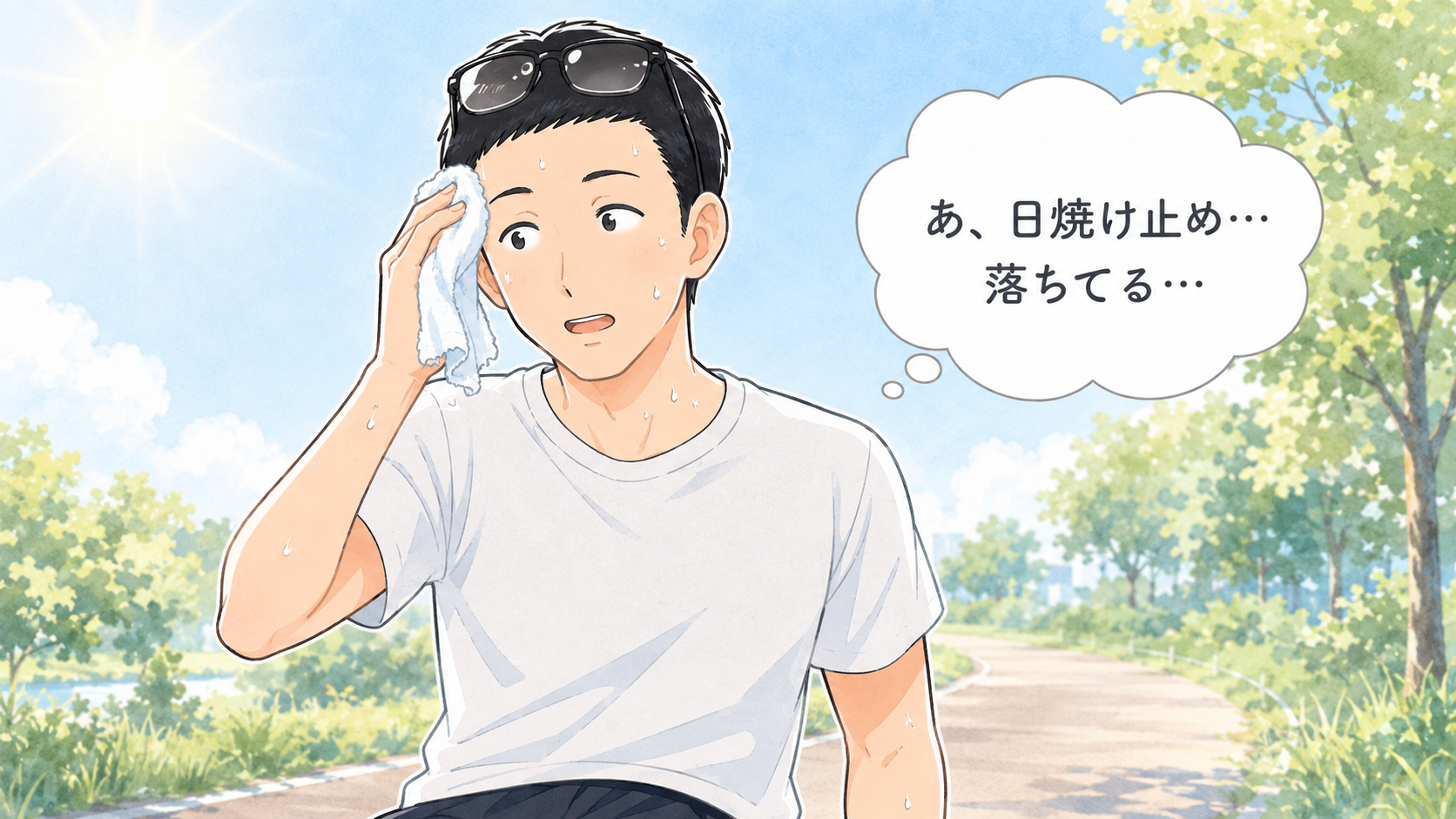 朝のランニング中に汗で日焼け止めが落ちていることに気付くシーン（妻スノーボードシーンの回収）