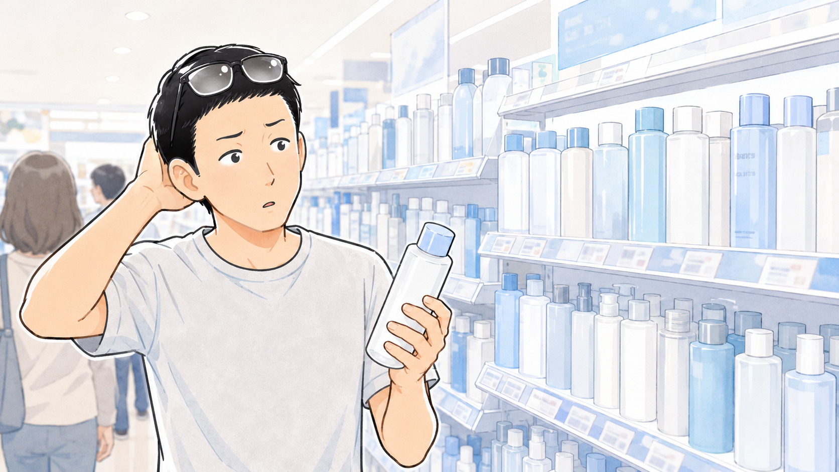 ドラッグストアの化粧品棚で大量の化粧水を前に困惑する30代後半男性シフト
