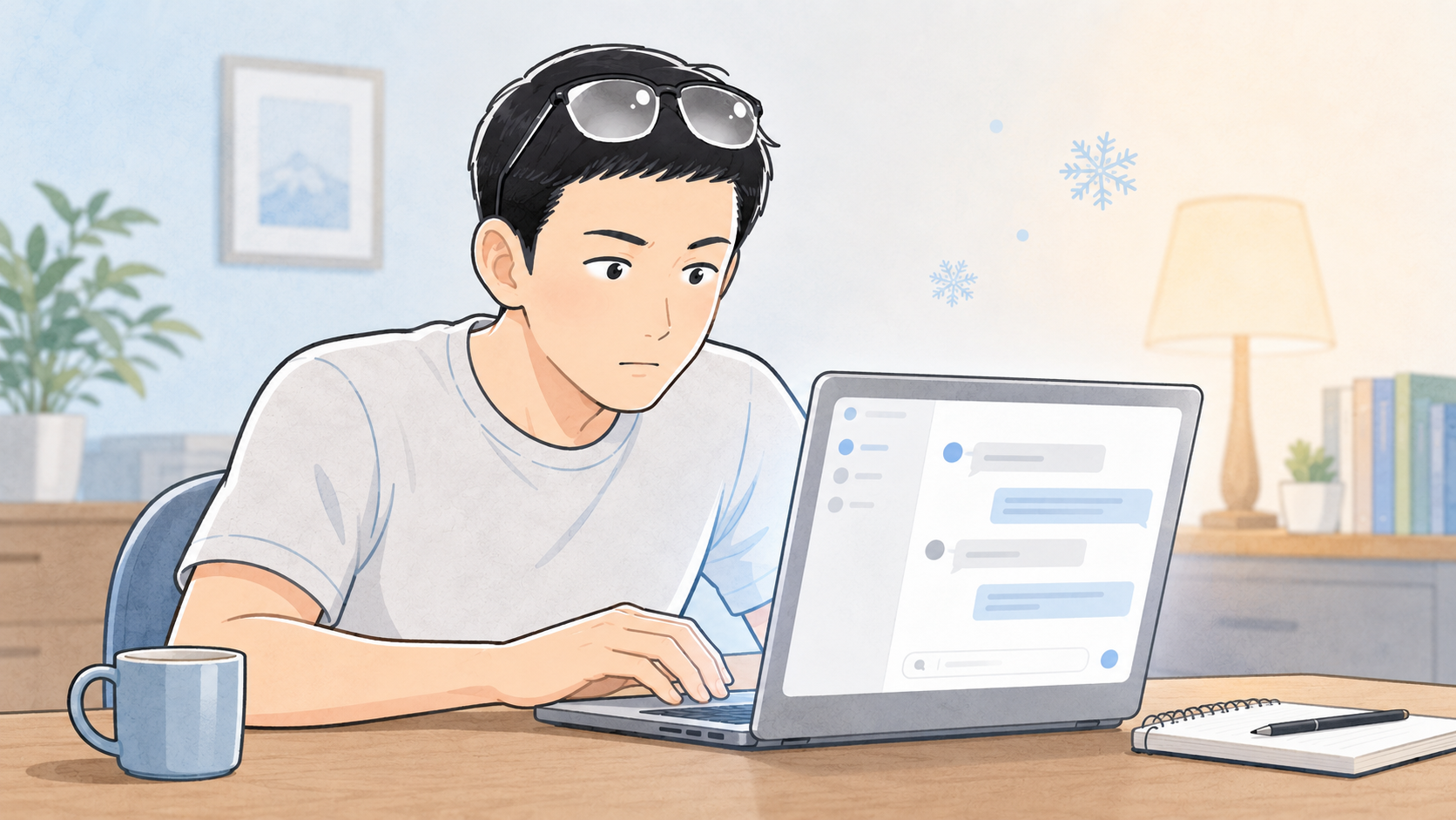 自宅のデスクで ChatGPT に肌の悩みを真剣に打ち込む30代後半男性シフト