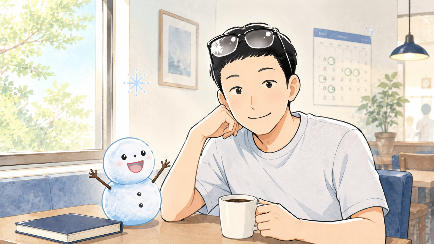 平日昼間のカフェで頬杖をついてコーヒーを飲むシフトと隣で笑顔の雪だるまちぇる