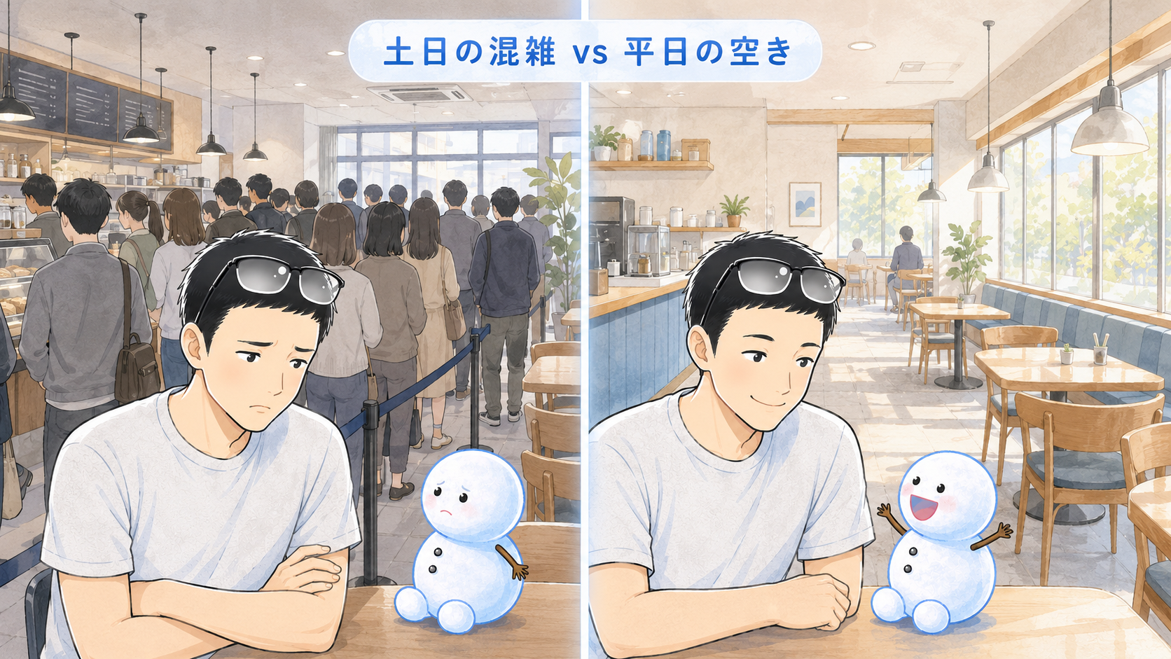 同じカフェで土日は混雑して困るシフトと平日は空いて満足するシフトの対比図（シフト+ちぇる）