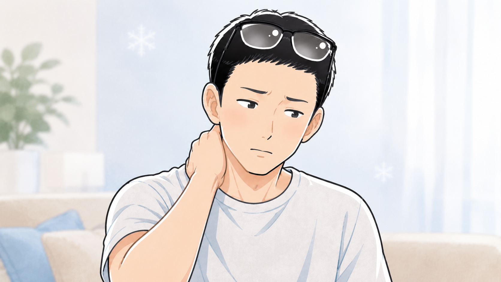 慢性的な肩こりに悩むシフト（首を右手で抑える）