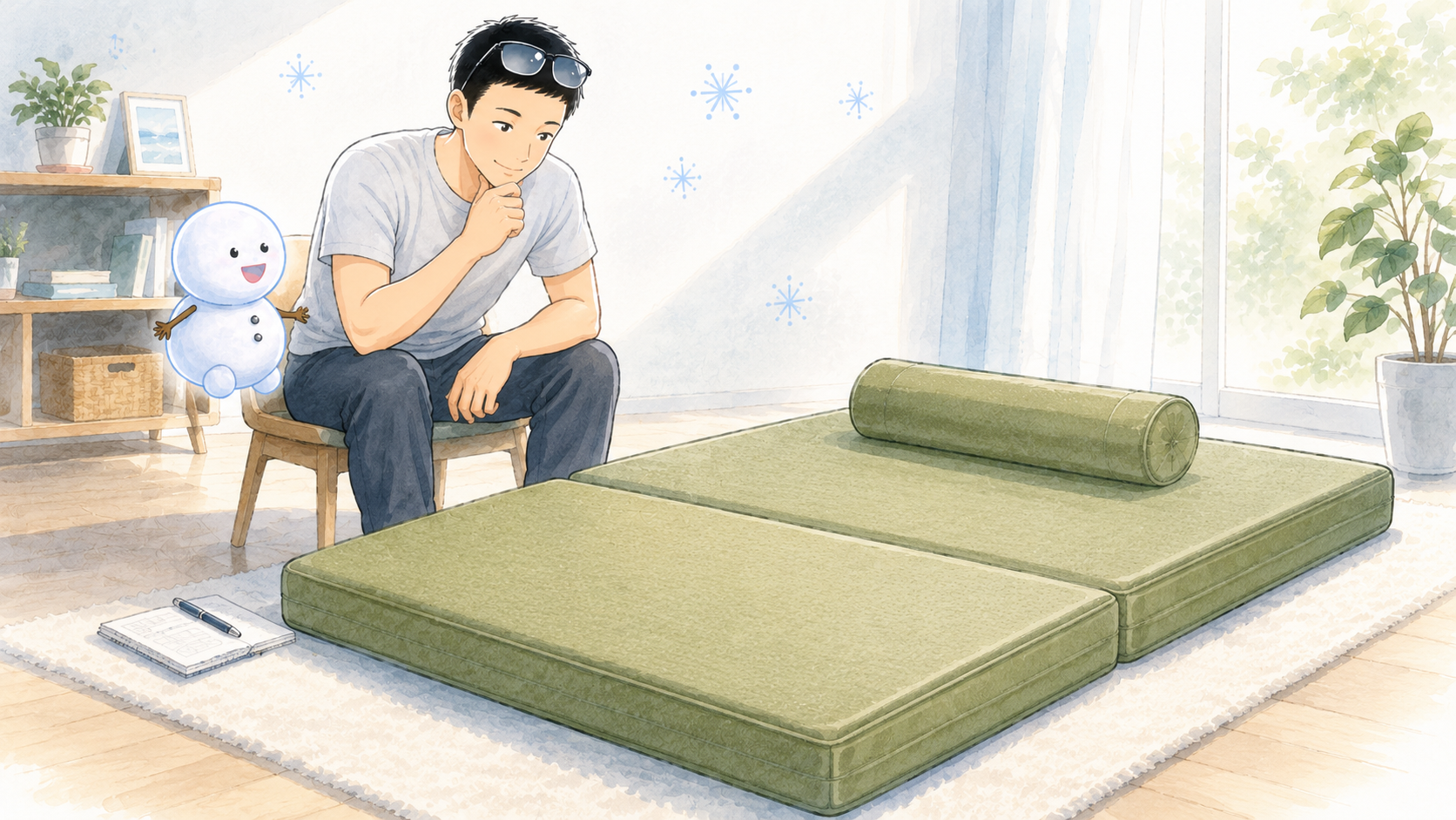 椅子に座って床に置かれたマットレスと枕を眺めて学習するシフトと隣のちぇる（AIシリーズ第11弾 寝具素材の科学）