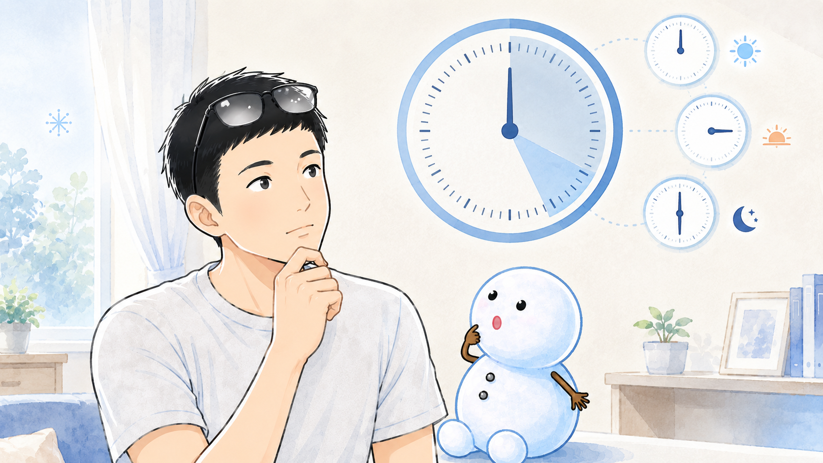 壁の時計を眺めながら『いつケアしよう』と思考するシフトと隣のちぇる（早番・遅番・夜勤の時間軸の戸惑い）