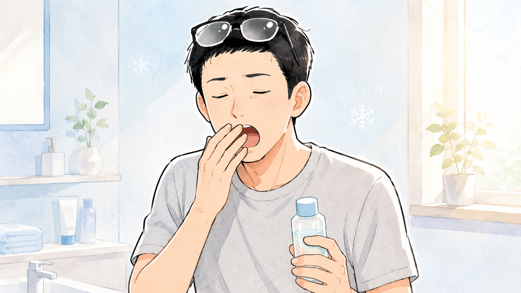 夜勤明けの朝、眠気であくびをしながらも化粧水を手に淡々といつものケアを続けるシフト
