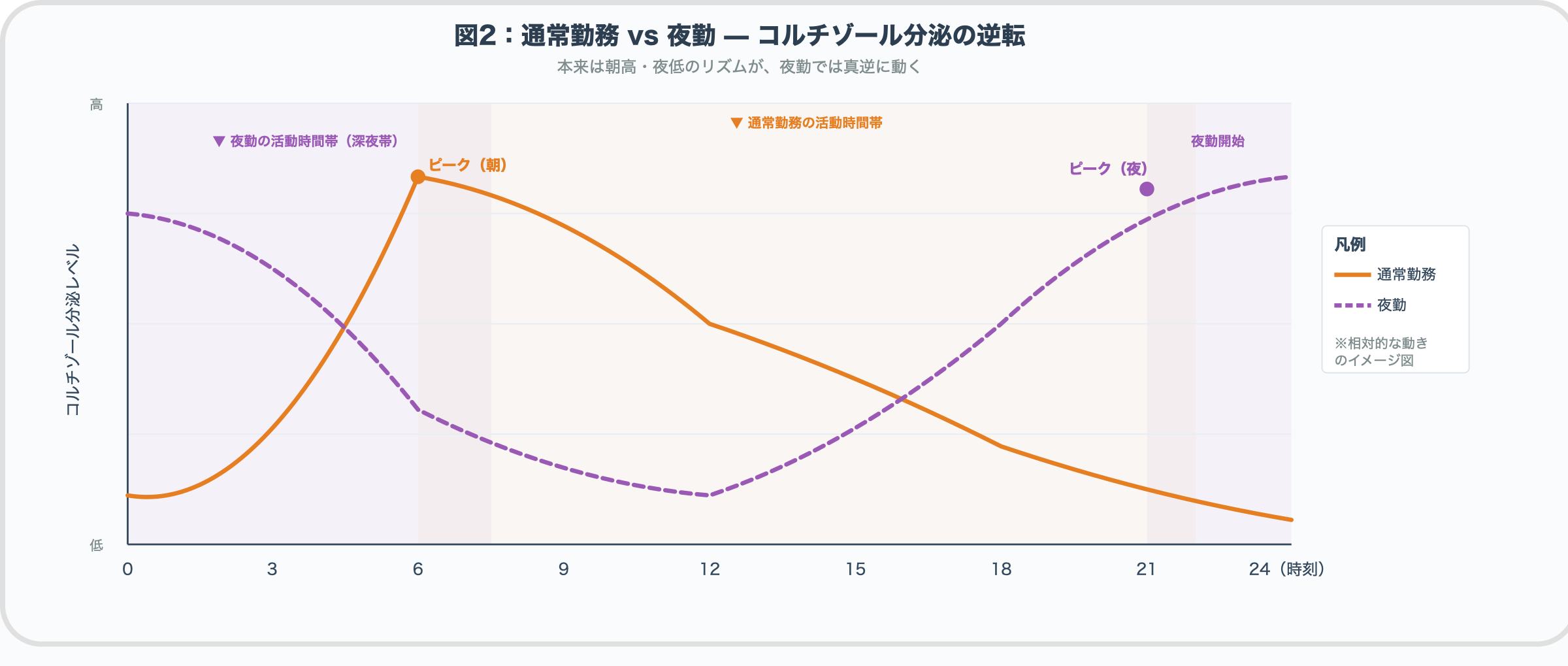 通常勤務と夜勤のコルチゾール分泌の逆転