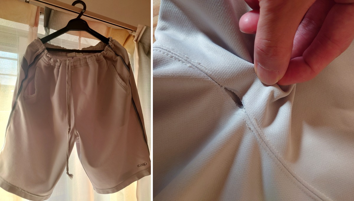 10年使い続けたIGNIOのランニングパンツ。左が全体、右は股が裂けてきたディテール