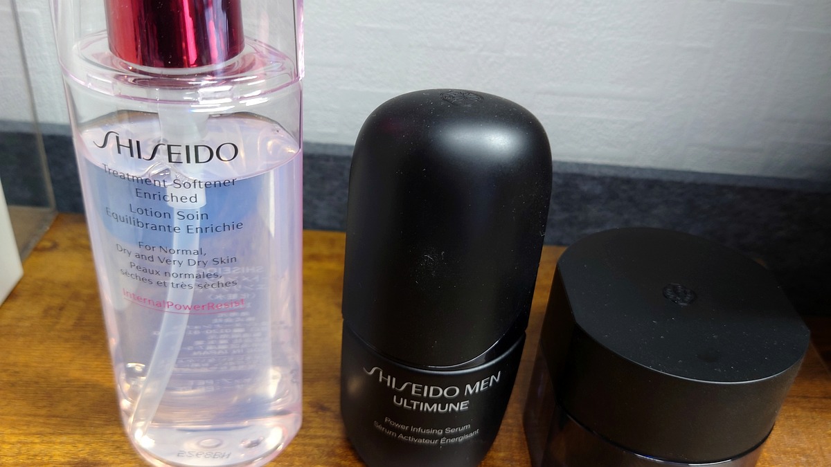 SHISEIDO トリートメントソフナー エンリッチド、SHISEIDO MEN アルティミューン、SHISEIDO MEN スキンエンパワリングクリームの3点並び（守りのケア完成の証拠写真）