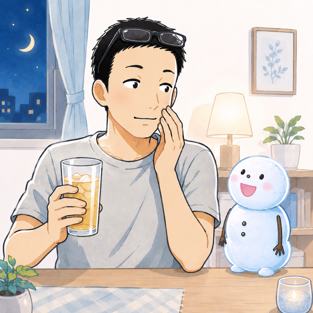 夜にお酒のグラスを手に頬を気にするシフトとちぇる