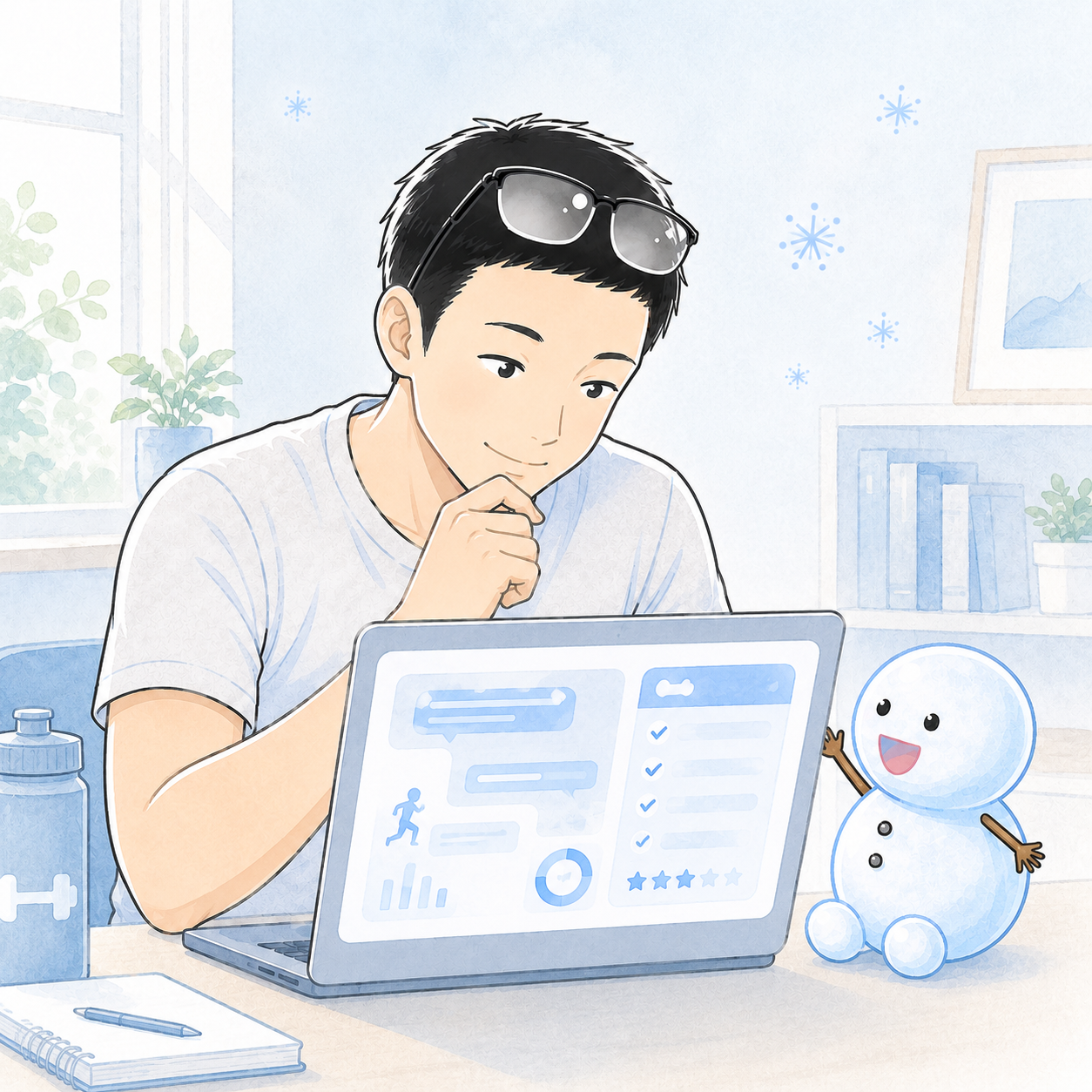 シフトとちぇるが自宅筋トレのメニューをAIに採点してもらうシーン
