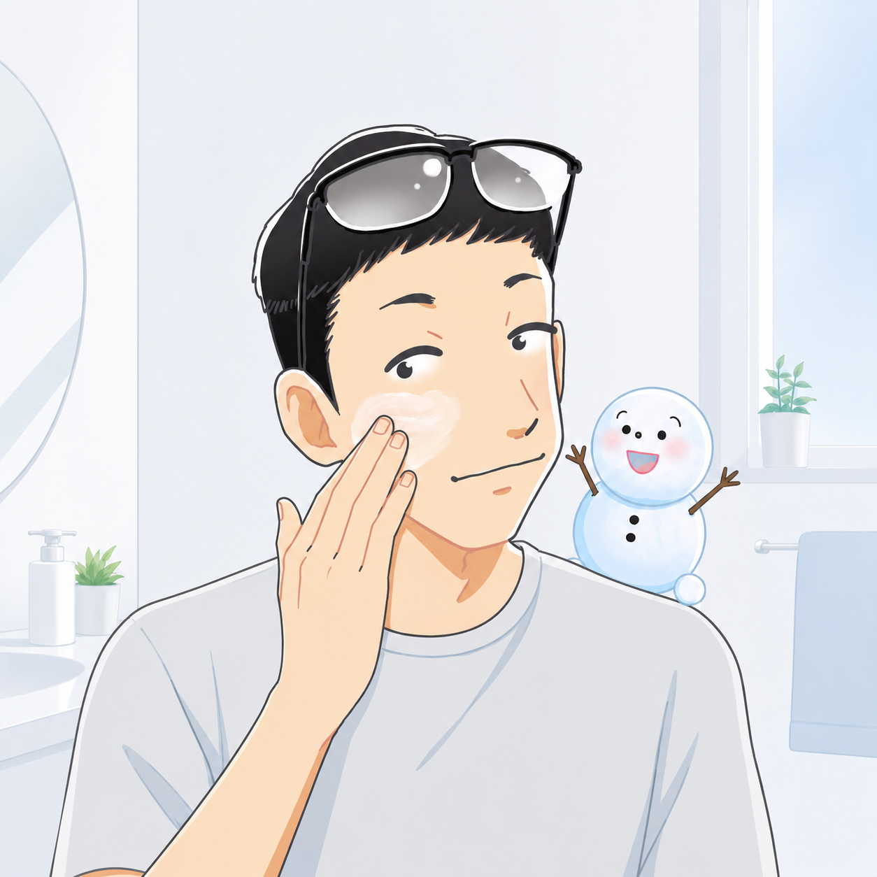 シフトが洗面所で泥ジェル洗顔料を頬に塗っているイラスト。相棒のちぇるが応援している