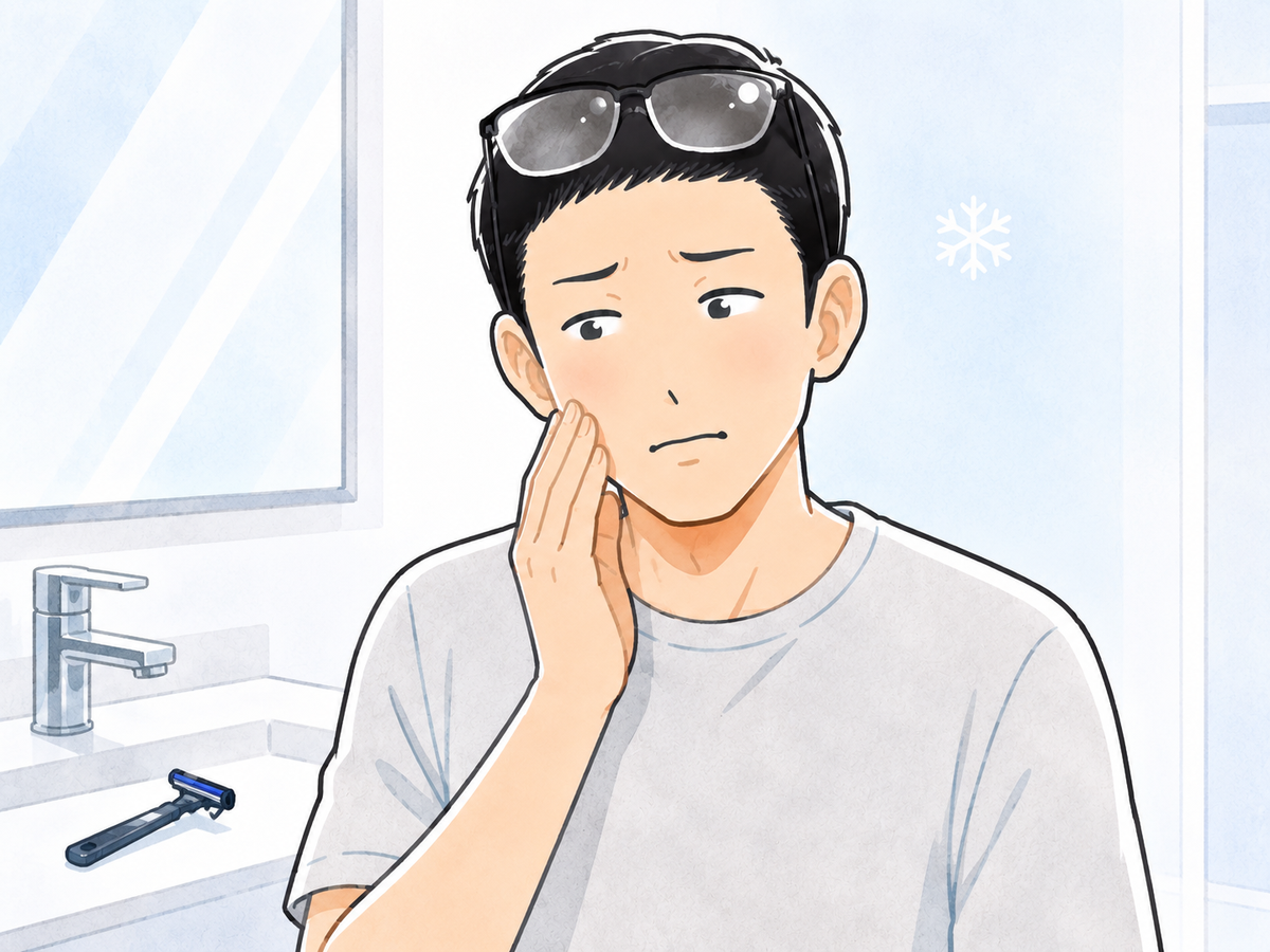 髭剃りの後、頬を押さえてヒリヒリした痛みに顔をしかめるシフト