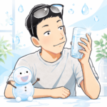コップの水を見つめるシフトと雪だるまのちぇる（水分補給と肌・水のテーマ）