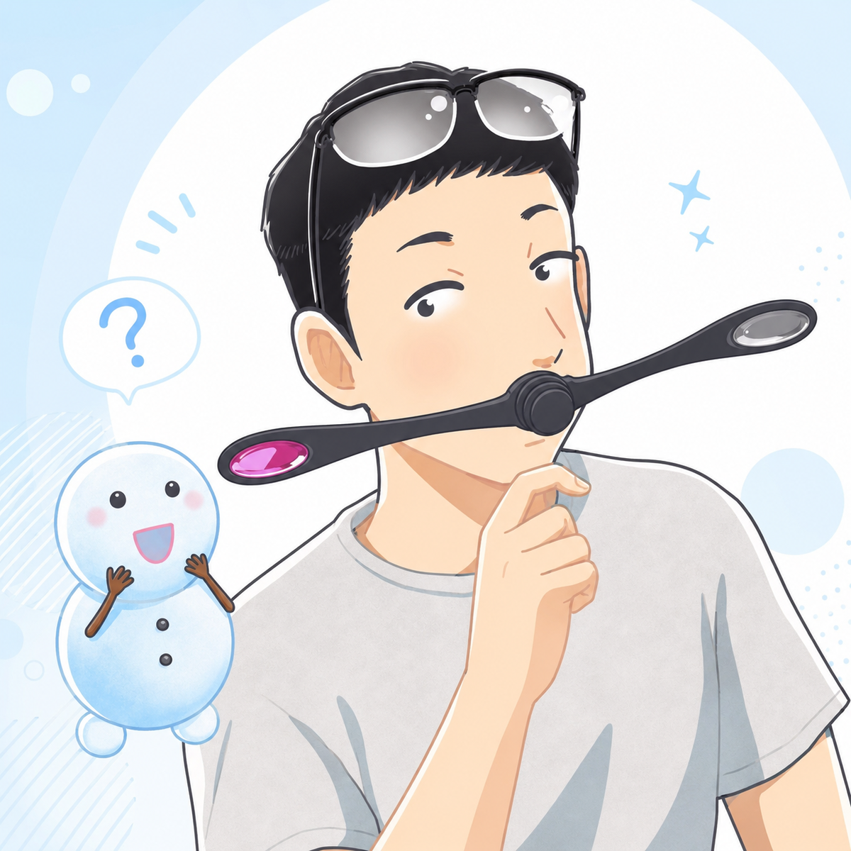顔の筋トレ器具PAOを口元に当てて「効いてるのかな？」と考えるシフトと、横で見守るちぇる
