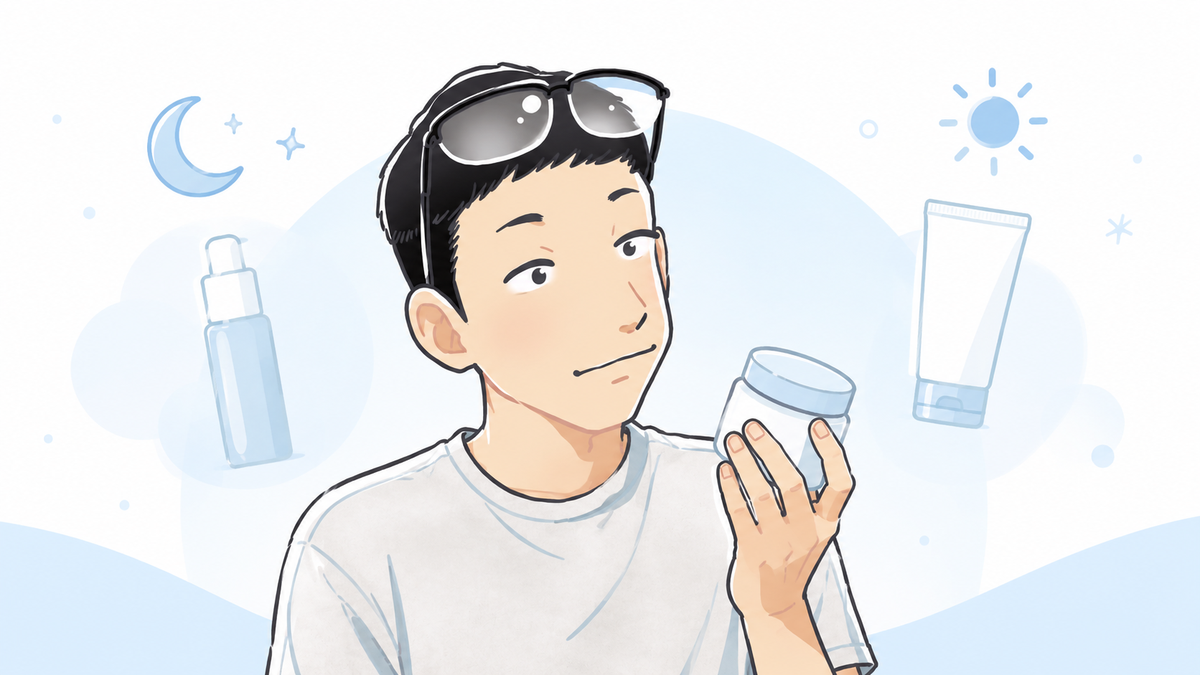 コラーゲン製品を手に「足した方がいいのかな」と考えるシフト。周囲に本命のレチノール（夜）と日焼け止め（朝）