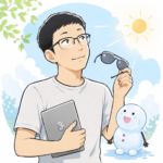 メガネをかけ、UVカットのサングラスを手に「目から日焼け？」と考えるシフトと、夏の暑さで少し溶けかけて笑うちぇる