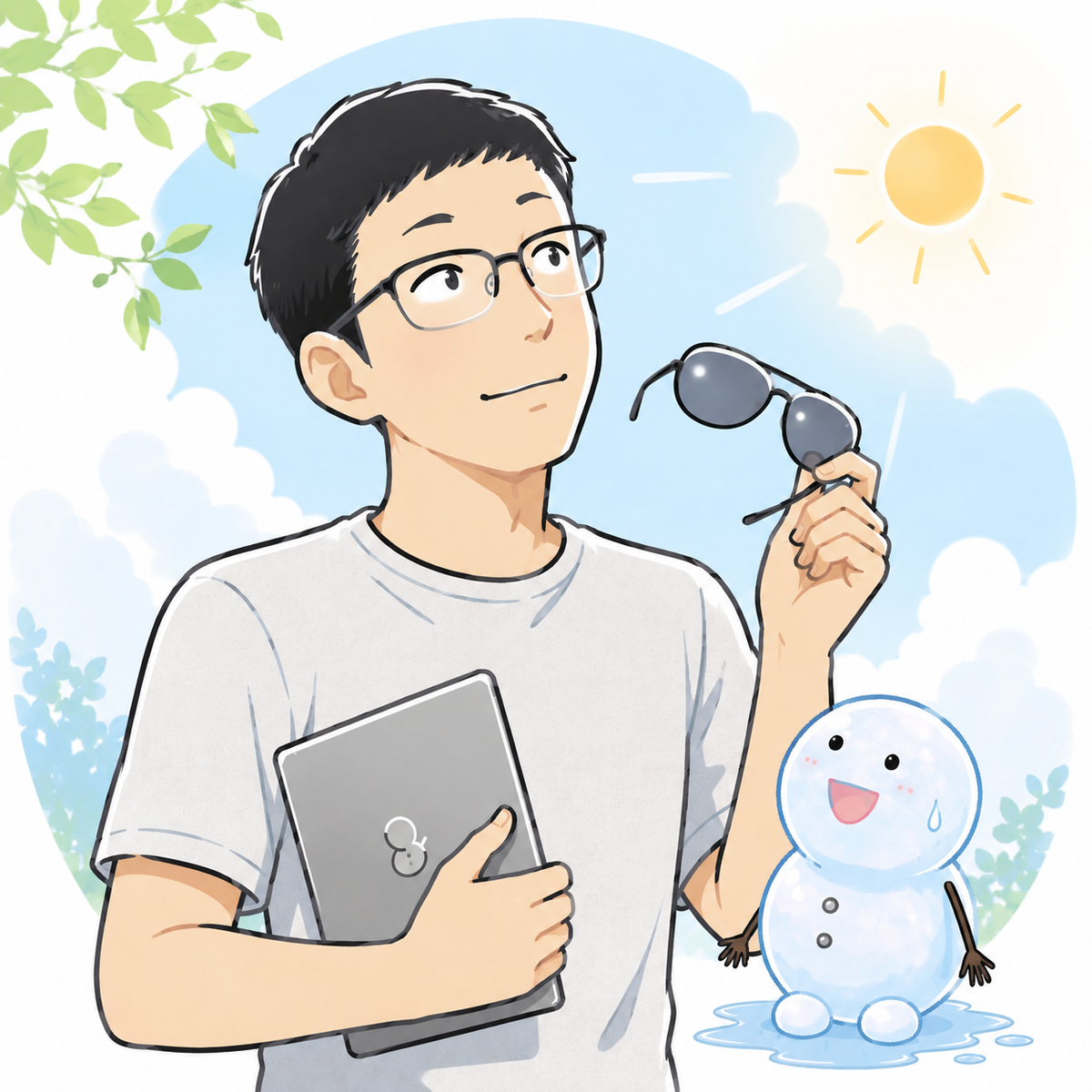 メガネをかけ、UVカットのサングラスを手に「目から日焼け？」と考えるシフトと、夏の暑さで少し溶けかけて笑うちぇる