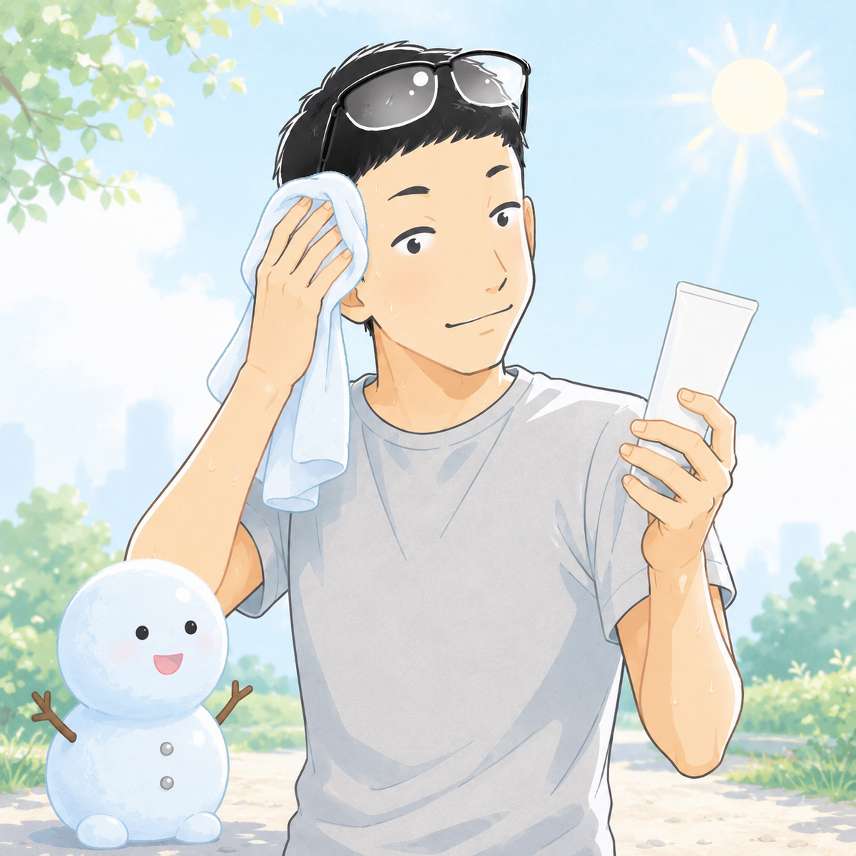 運動の汗を拭きながら日焼け止めを手にAIと勉強するシフトと、横で見守るちぇる