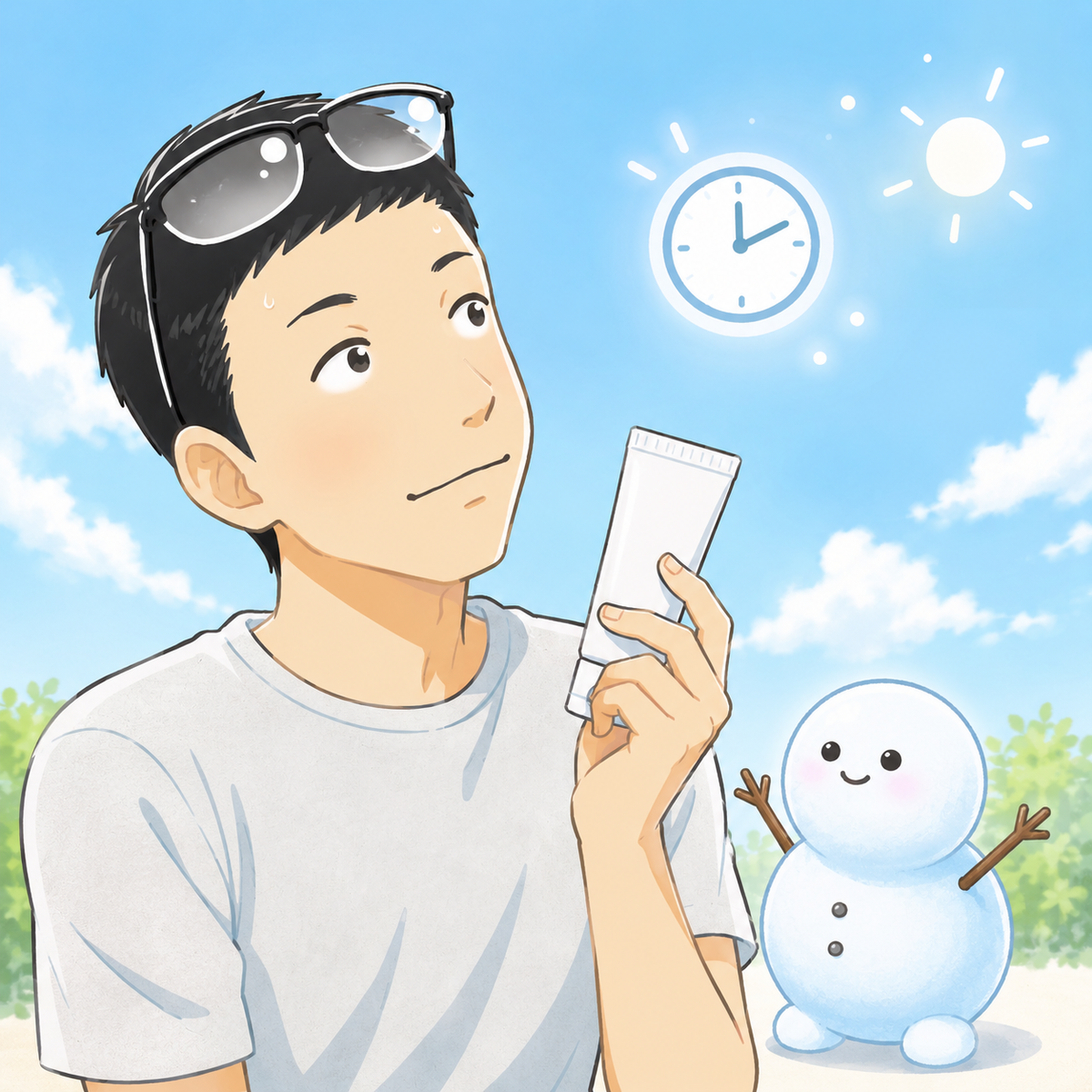 日焼け止めを手に「いつまで効くのか」と空の時計を見上げるシフトと、横で一緒に見上げるちぇる