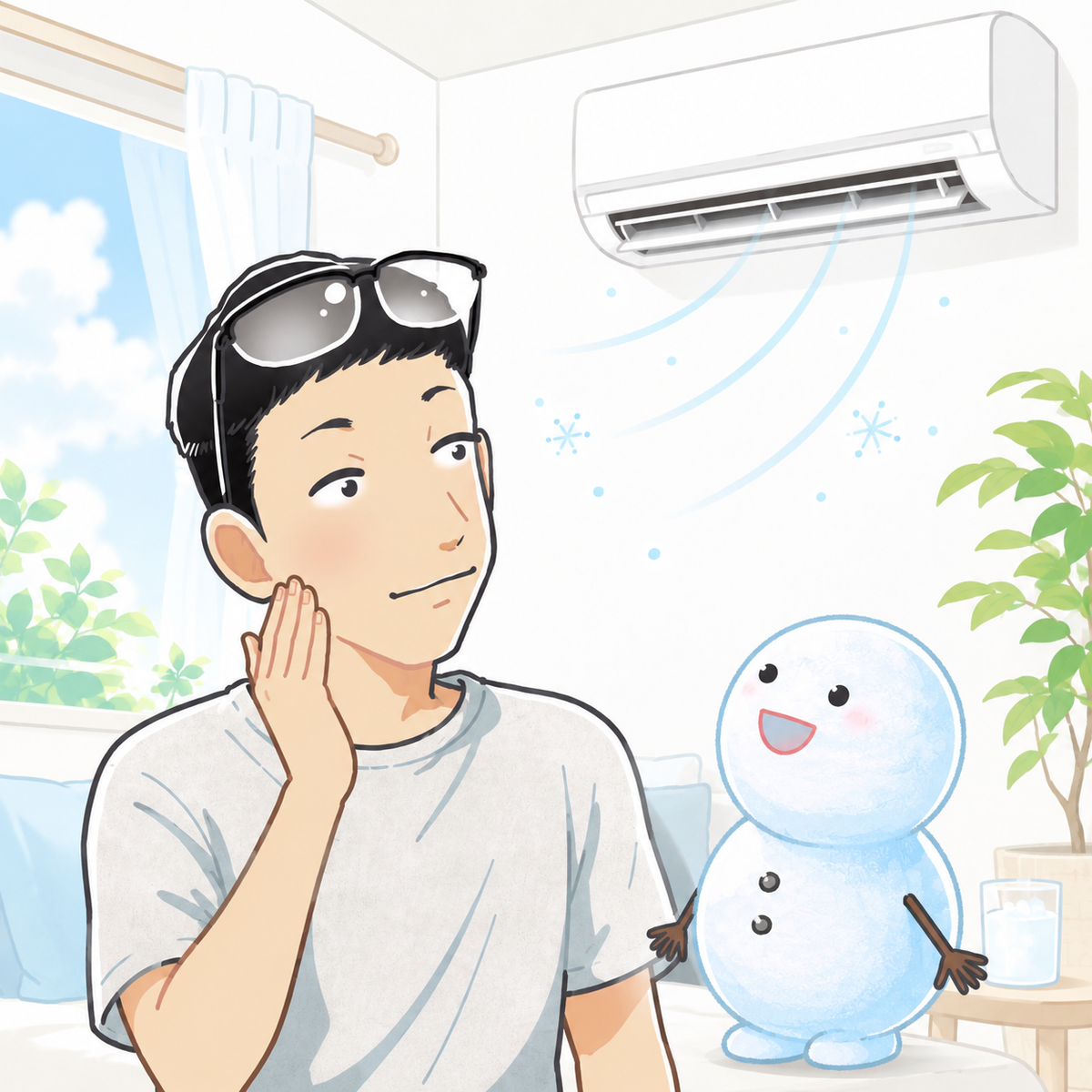 エアコンの効いた夏の部屋で、頬に手を添えて乾燥を気にするシフトと、横で一緒に見上げるちぇる