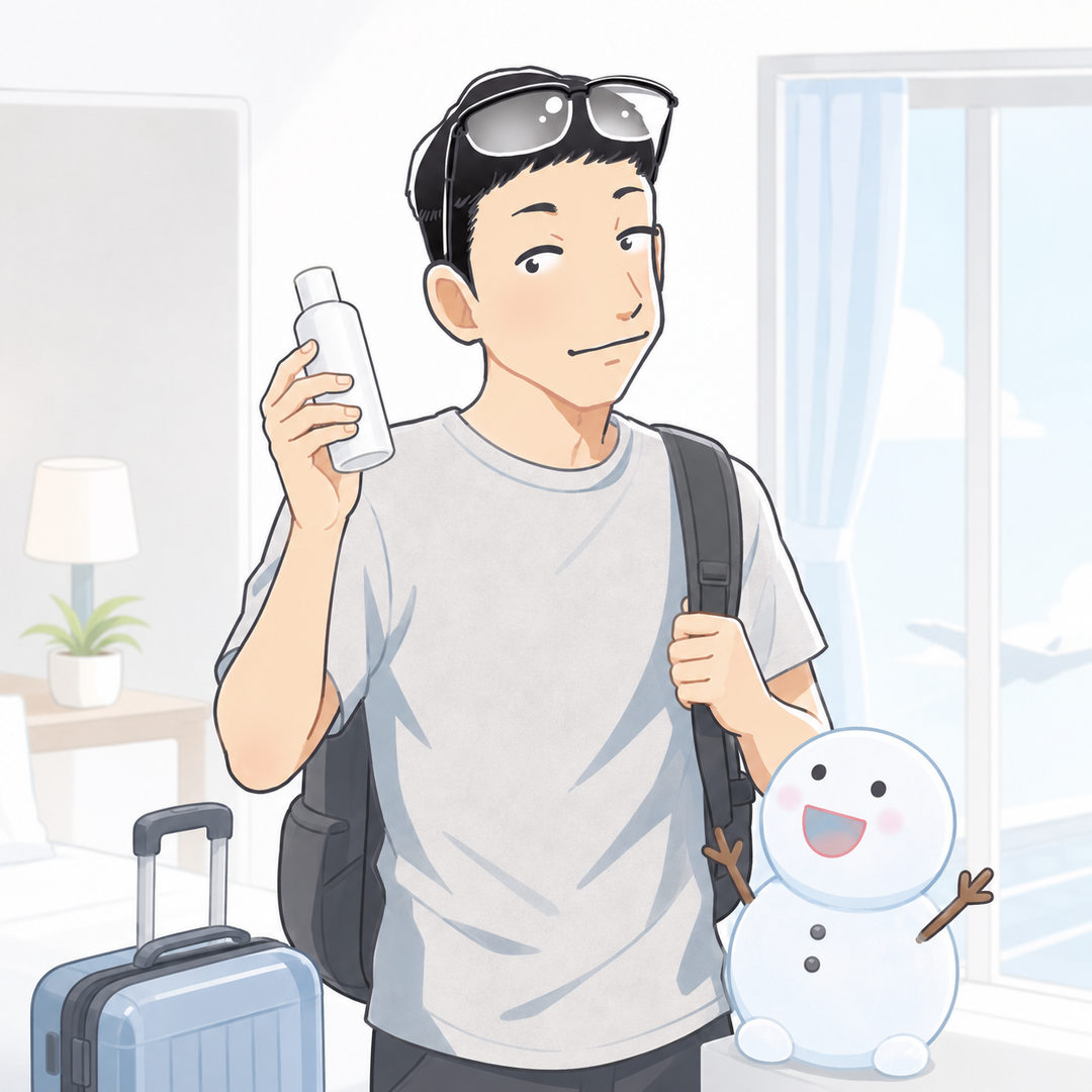 出張用リュックを背負い、オールインワン1本を手にするシフトと、隣で感心するちぇる
