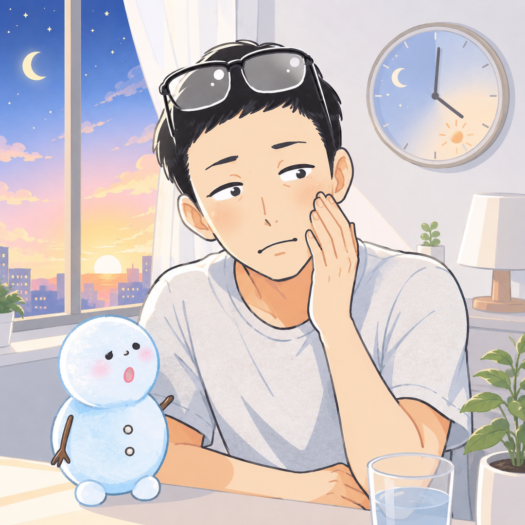 夜勤明けの朝、窓辺で肌を気にするシフトと体内時計、ちぇる