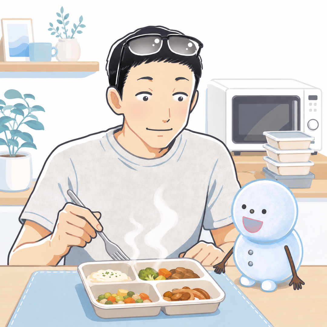 冷凍宅食のお惣菜を前に食事するシフトとちぇる