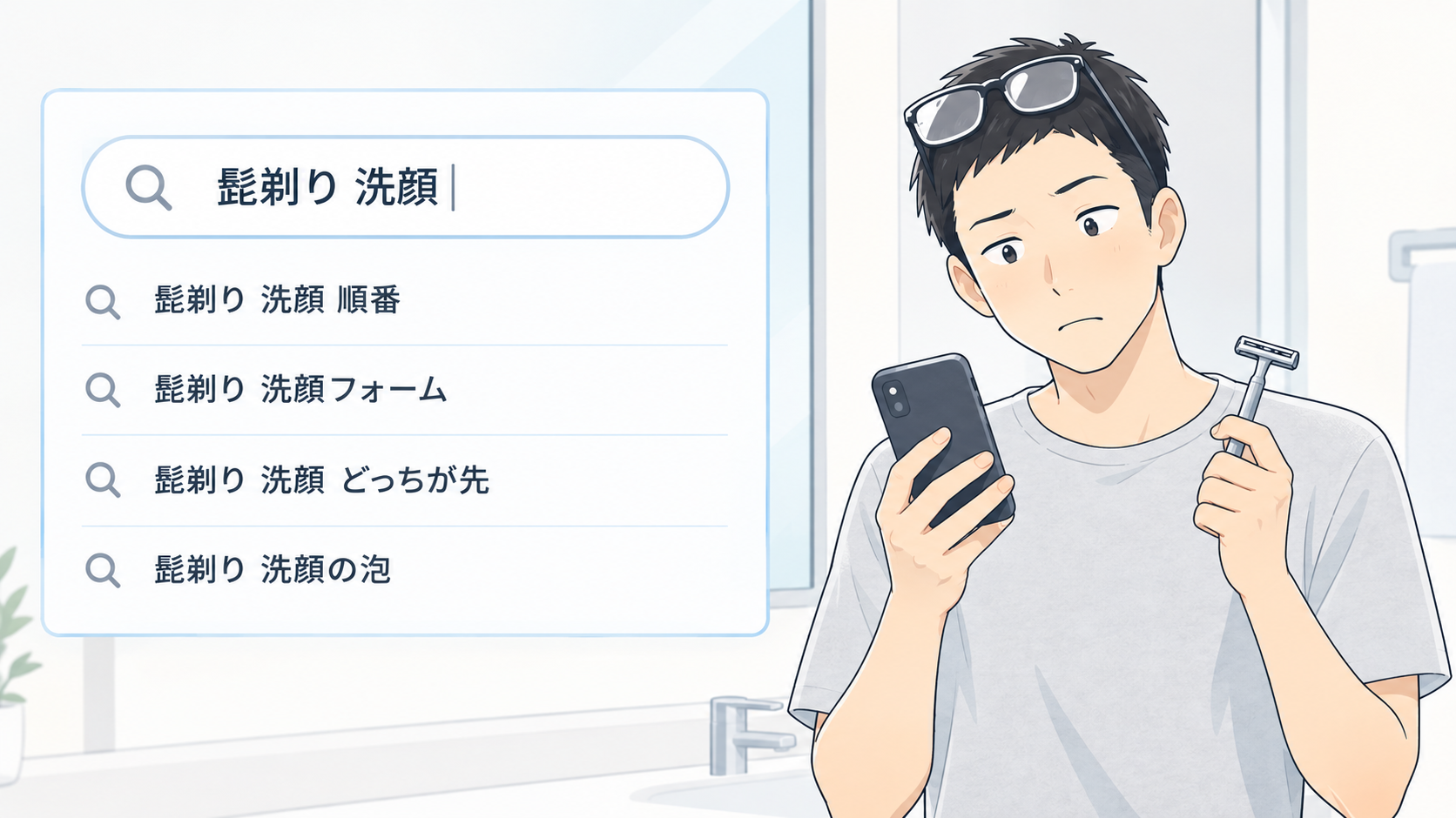「髭剃り 洗顔」と検索したときに出てくる候補(順番・洗顔フォーム・どっちが先・洗顔の泡)を見て、首をかしげる男性のイラスト