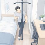 5畳ほどの部屋。ベッドと机のあいだの細い通路に、床から天井まで届く細い懸垂マシンが立ち、その脇を男性が通っているイラスト